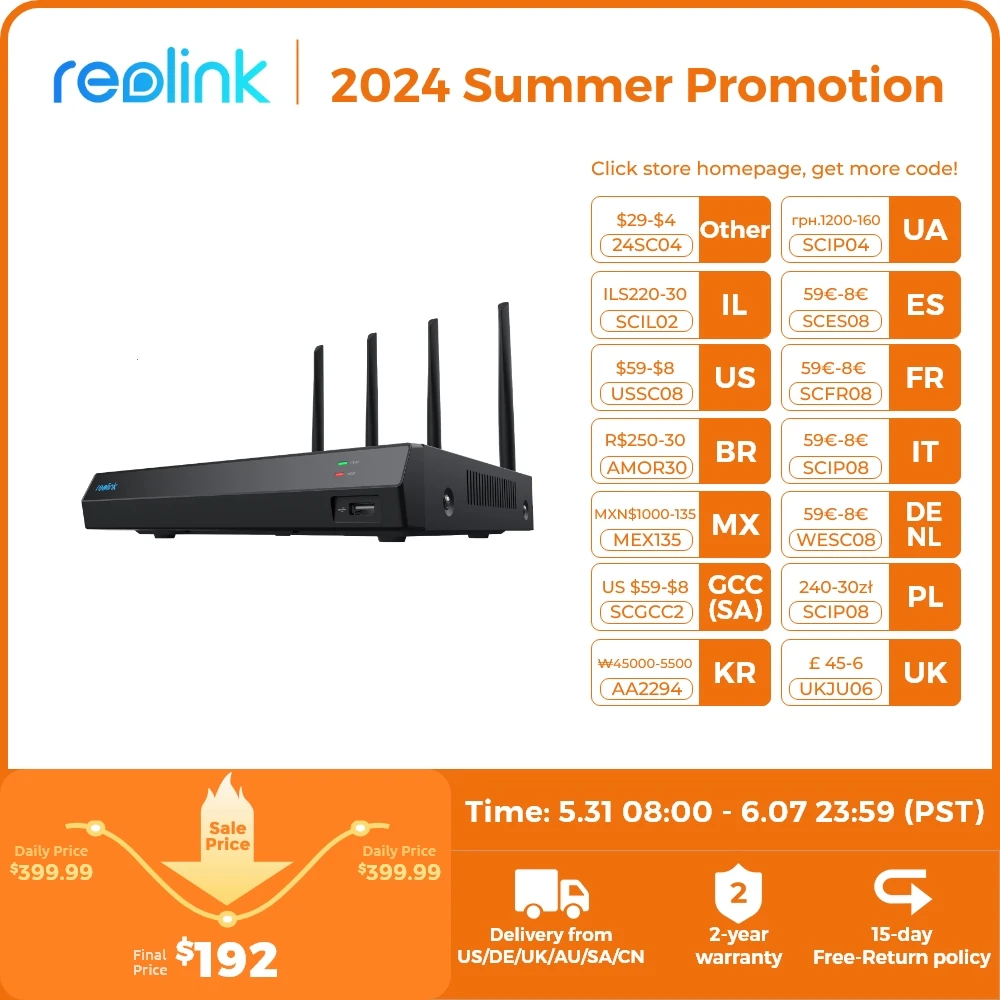 Reolink grabadora NVR WiFi de 12 canales con Wi-Fi 6 para cámara de Monitor interior de 4MP cámara PT de 8MP para exteriores para sistema de seguridad del hogar RLN12W