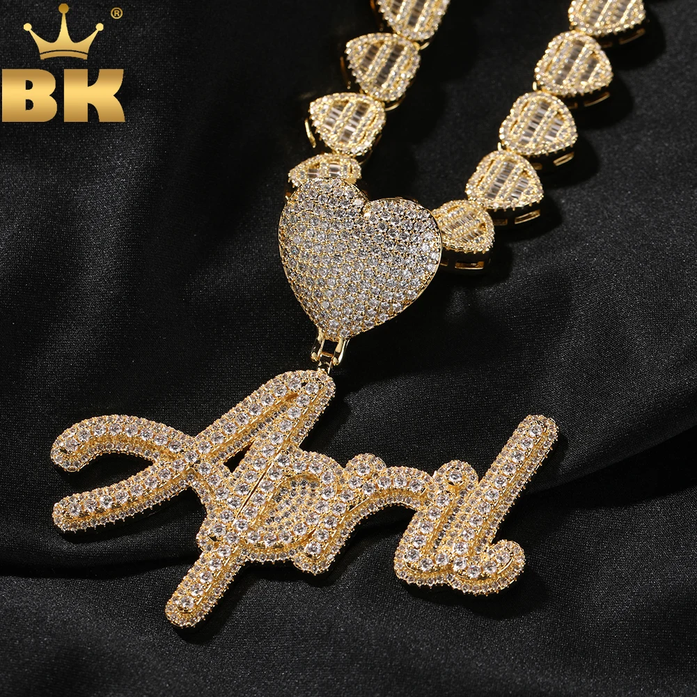 

THE BLING KING Custom Cursive Letter 12mm Heart Chain Iced Out 2 Layer Cubic Zircon Name Necklace Personalized Hiphop Jewelry