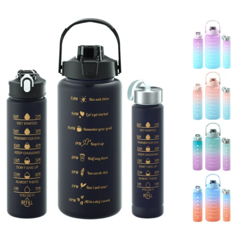 3pcs/set Water Bottles Motivational Sports Drinking Bottle With Time Marker Portable Reusable Plastic Cups Outdoor Travel Gym