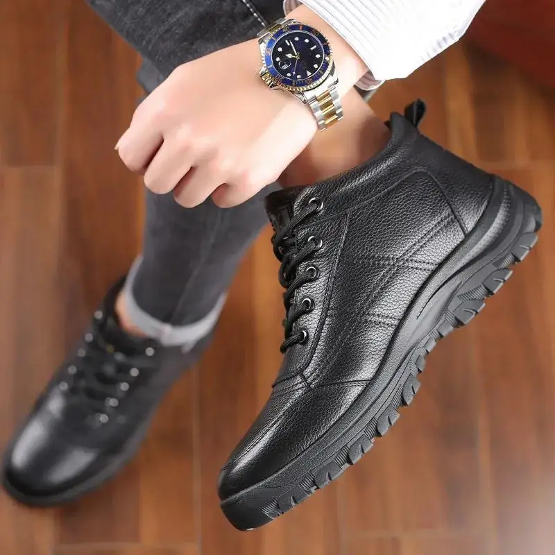 Black Men Winter Boots New Thick Cotton Shoes Comfortable Outdoor Male Rubber Soled Non-slip Leather Snow Boots Keep Warm Shoes