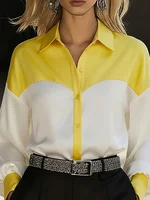 Women Shirt Blouse Long Sleeve Turn Down Collar Button Color Block Patchwork Casual Female Office Tops Trendy Work Shirt