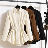 2026 Women's Plus Size Blouse Korean Style Spring Autumn Loose Elegant Casual Mid-length Tops Long Sleeved Waist Cinching Shirts
