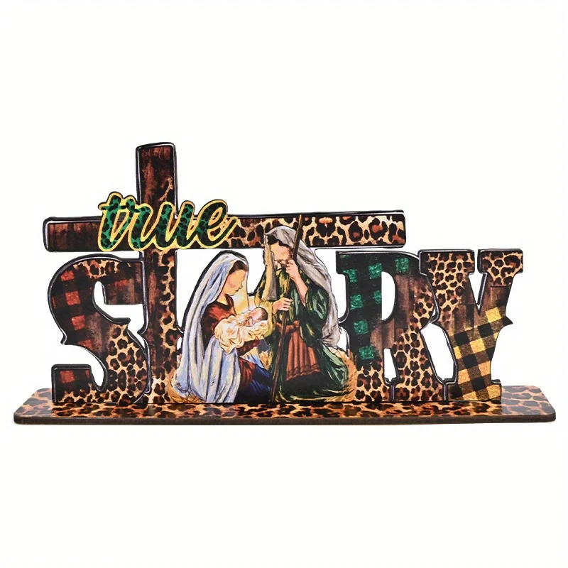 1pc Christmas Nativity Leopard Pattern Cross Story Wooden Standing Decoration Christian Decor Christmas Gift Office Decor