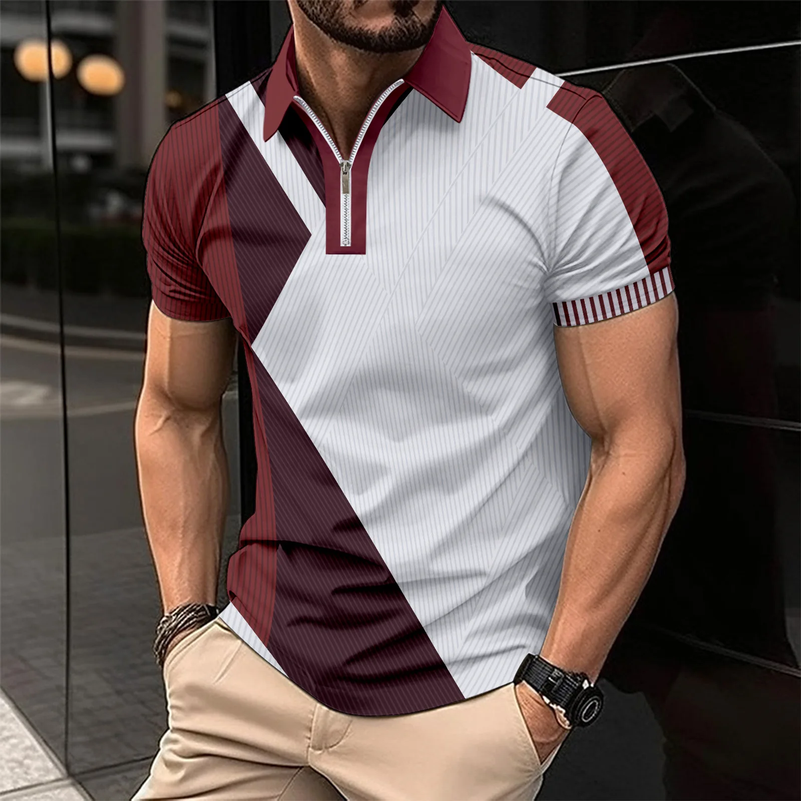 2024 Nuova Stazione Indipendente Ebay Cross-Border Da Uomo Risvolto Moda Colore Abbinato Cerniera T-Shirt Da Uomo Polo Shirt
