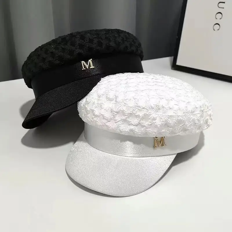 Trendy Designer Pleated Satin Flat Top Navy Octagon Hats for Women Retro Rhinestone Letter Beret Spring women beret women hats