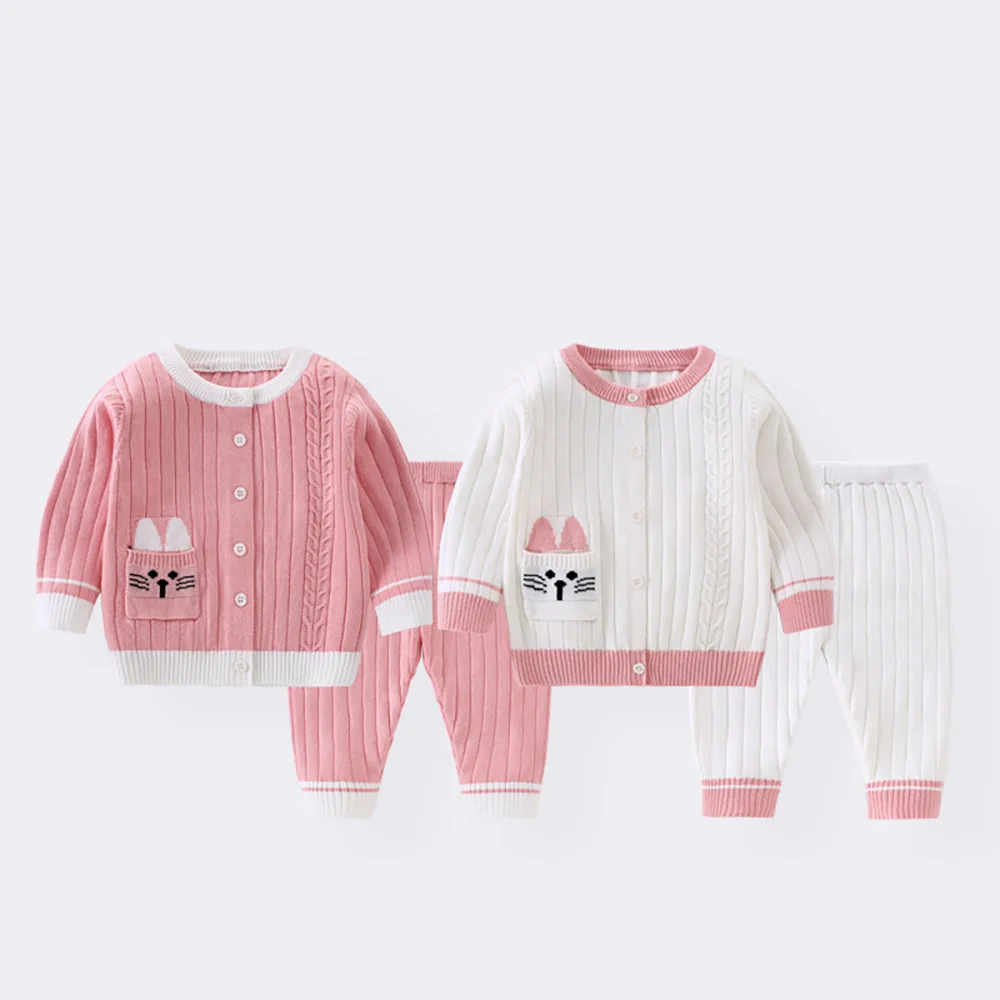 

Infant Kids Knitted Suits Cute Cartoon Sweater Cardigan Baby Girls Tops+Pants Spring Autumn 0-2Years Old Children Clothes Sets