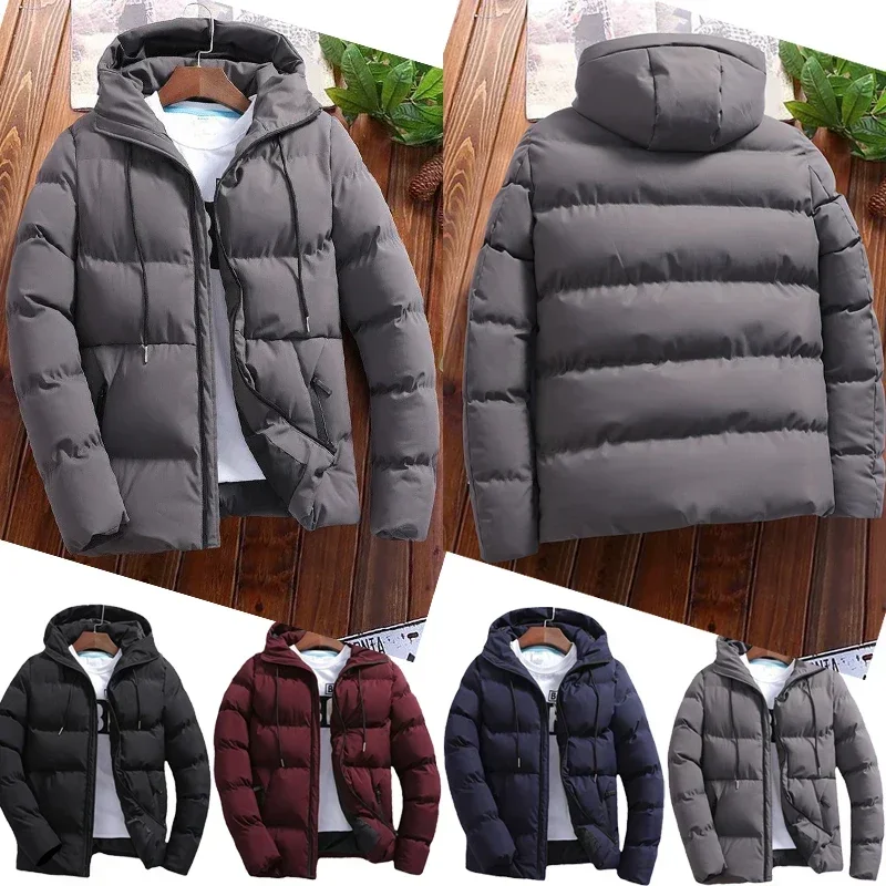 Winter Men's Jacket Solid Color Leisure Padded Long Sleeve Zipper Hooded Cotton-padded Jacket Outdoor Skiing Riding Warm Coat