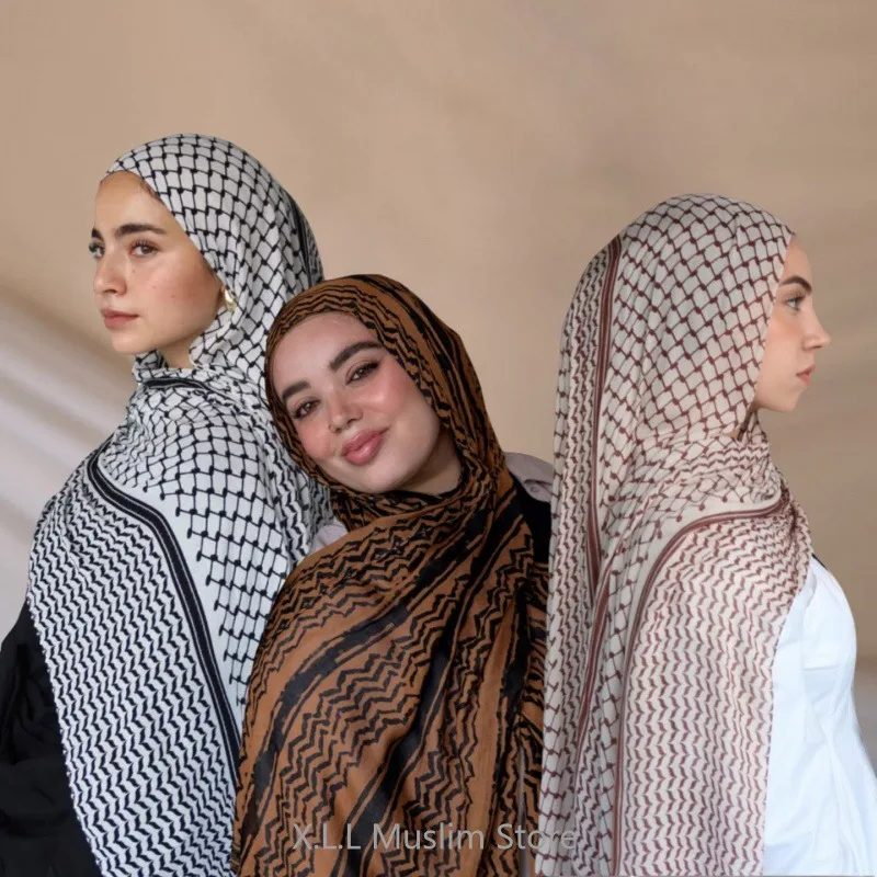 180x70cm Keffiyeh Prayer Chiffon Hijab Soft Women Scarf Muslim Women's Long Shawl Geometric Pattern Print Voile Femme Musulmane muslim headwear head scarf hijab headscarf shawl scarf female head wraps