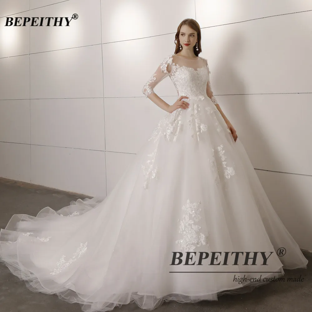BEPEITHY Customized Vestidos De Novia Plus Size Half Sleeves Princess Wedding Dress For Women Lace Court Train New Bridal Gowns 4