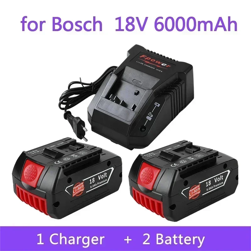 

18V Battery 6.0Ah for Bosch Electric Drill 18V Rechargeable Li-ion Battery BAT609, BAT609G, BAT618, BAT618G, BAT614 + 1Charger
