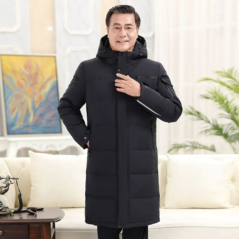 Middle-Aged Elderly Down Hooded Jacket Men Thickened Long Section Large Size Dad Wear Winter Father New White Duck Down Coat