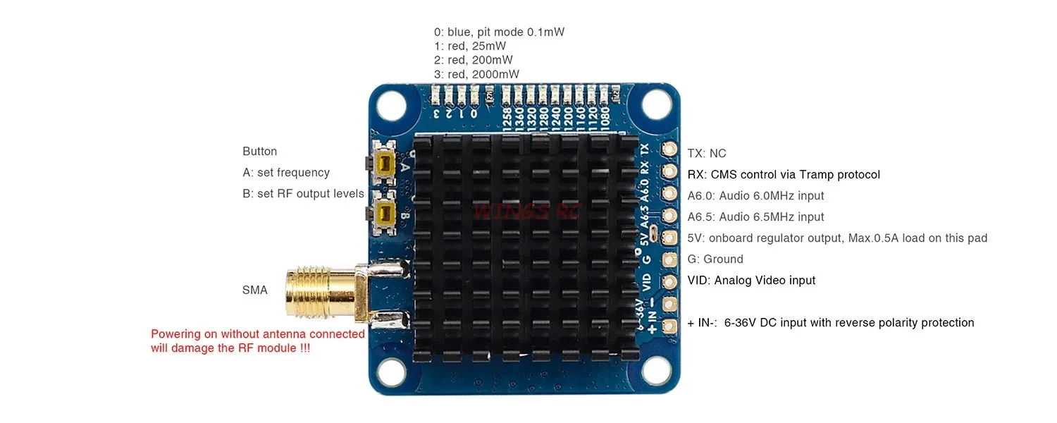 Détail des boutons de sélection des canaux sur l'émetteur VTX-1G3TE 1.3GHz 2000mW pour drone FPV