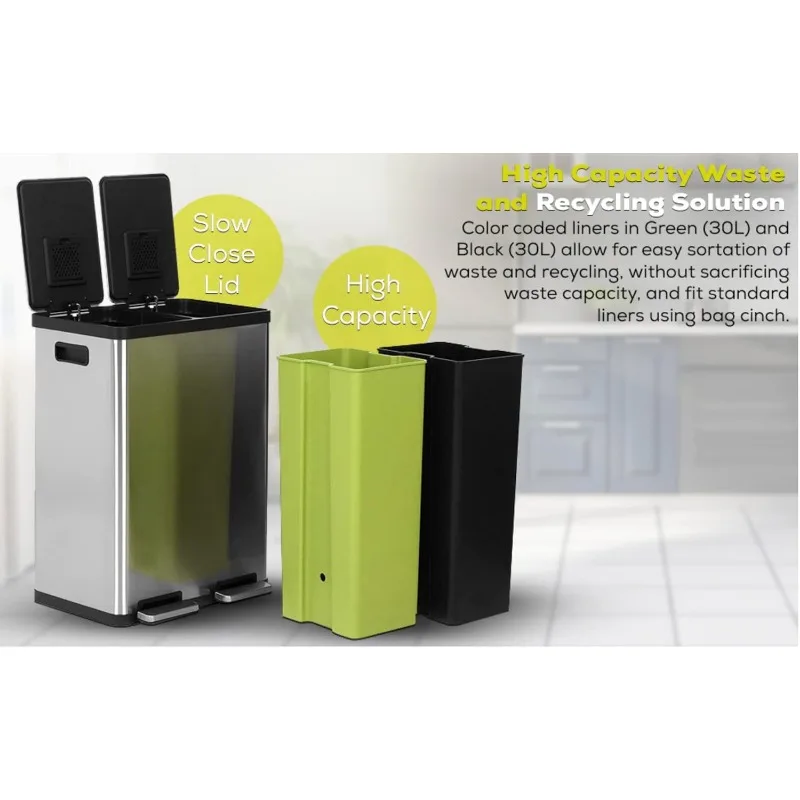 SIMPLI-MAGIC 60 Liter / 16 Gallon Rectangular Hands-Free Dual Compartment Recycling Kitchen Step Trash Can with Soft-Close Lid 6