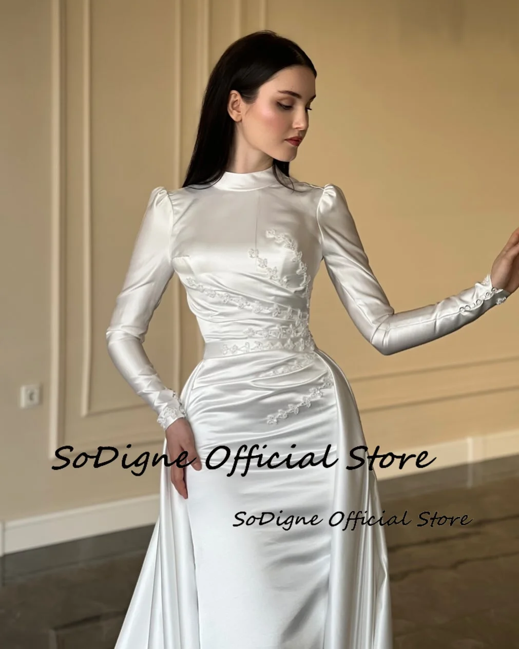 SoDigne Mermaid Satin Wedding Dresses High Neck Full Sleeves Bridal Dress Detachable Train Bride Gown Robe De Mairee Customized 11 S461f71da4d1c49b7bd52662cc98061c1A