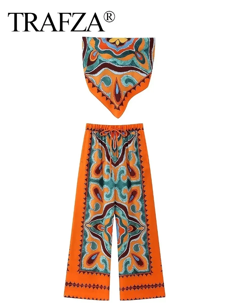 HH Women Pants Set Vintage Print Back Bow Tie Strapless Bustier Tops + Drawstring Trousers Female Chic Streetwear Pant Suits