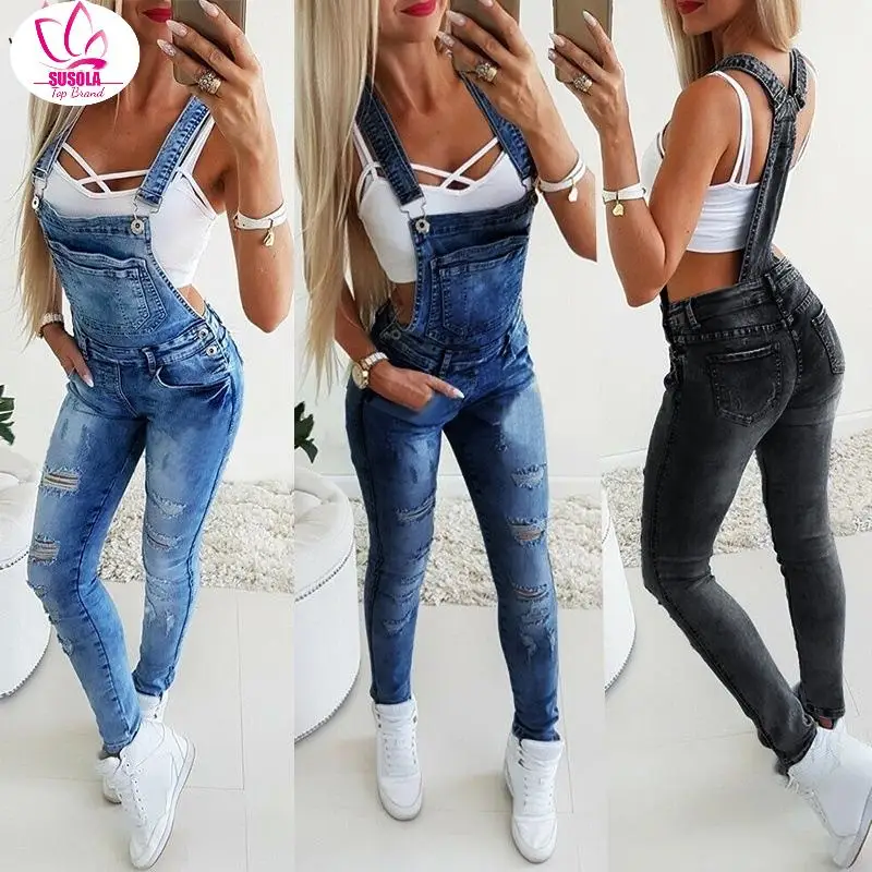 

Lady Women's Trend Pocket Decor Ripped Denim Bib Casual Overalls One Piece Skinny Leg Distressed Jeans Jumpsuits Autumn Wear