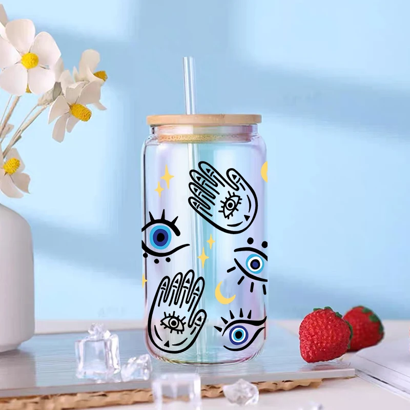 Blue Evil Eye Turkish Eye Humsa Stickers 16oz Libbey Glass Can Cup Wrap D2862 adhesive vinyl stickers glass can wrap