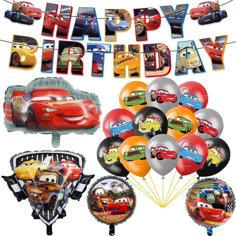 thumbnail image 1 of Globos de Disney Cars, decoración para fiesta de Rayo Mcqueen, pancarta de feliz cumpleaños, vajilla de Pixar, telón de fondo, adorno para tarta de coche de carreras, 1 of 5