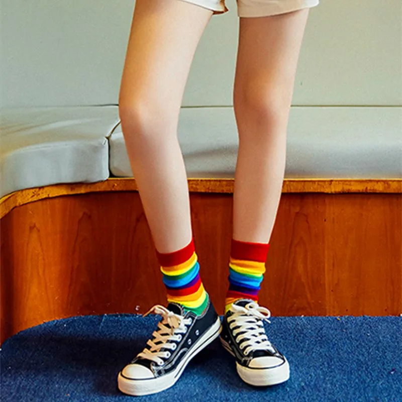 1 paar Neue Ankunft Baumwolle Elastizität Schweiß Frauen Lange Socke Candy Farben Regenbogen Gestreiften Sportliche Meias Retro Harajuku Casual Socken – Detail 11