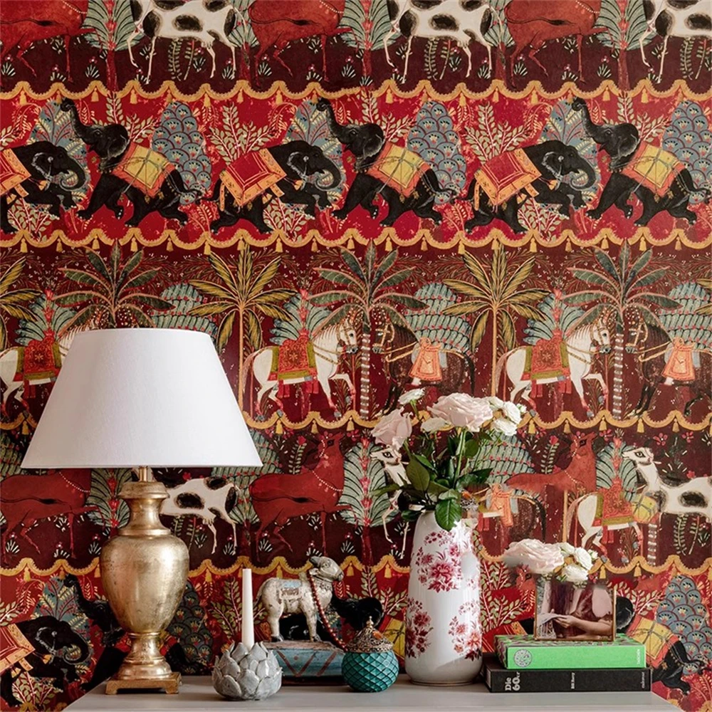 Papel de Parede Personalizado para Sala e Quarto Mural Vermelho Decoração de Casa Pintura de Parede Mural Indiano