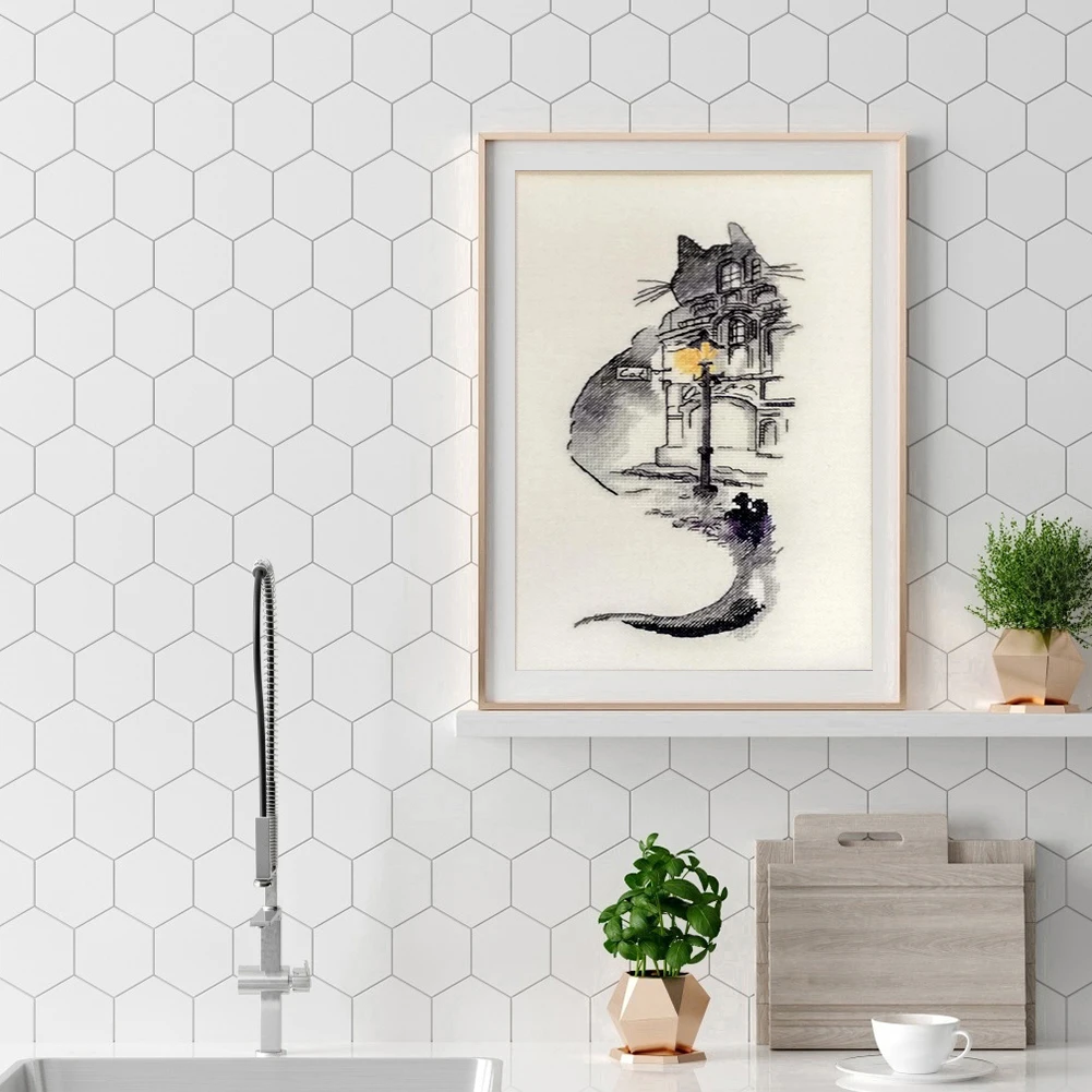 Cross Stitch Kits 14CT DIY Ink Cat Building Counted Cross Stitch Thread Needlework Set Cotton Thread Partial Embroidery Kits Art Handmade Gift cross stitch kits