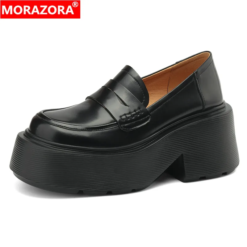 

MORAZORA New Genuine Leather Shoes Women Pumps Square High Heels Round Toe Platform Shoes Fashion Office Dress Shoes Loafers