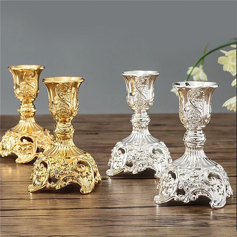 Retro Candlestick Gold Silver Candle Holder Wedding Centerpieces Candle Holders Banquet Dinning Table Decorations Ornaments 2pcs candle holders