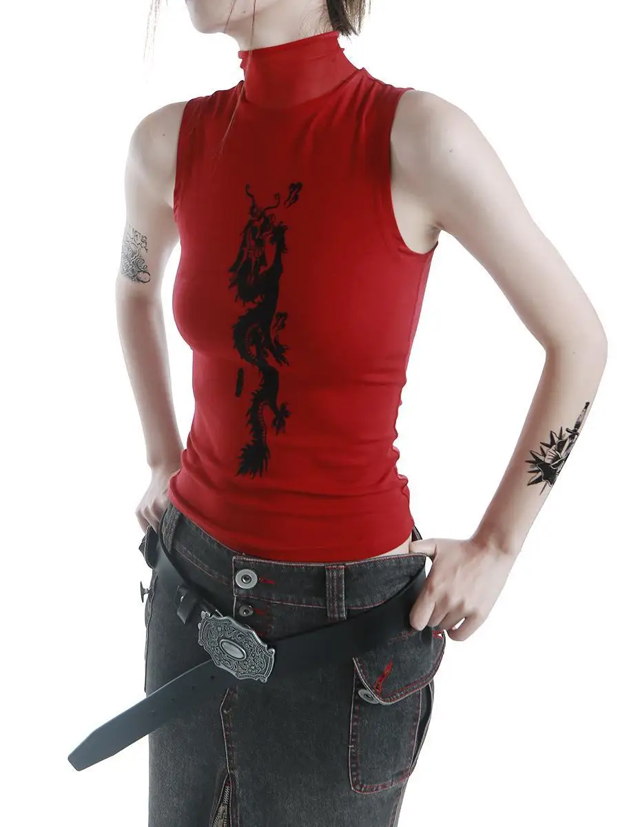 Y2k Sexy Vintage Tank Top Women Mesh Turtleneck Sleeveless