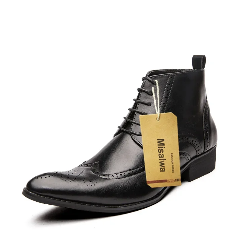 Misalwa Brogue College Style Men Chelsea Boots Lace up Versatile Leather Male Shoes Wedding Party Ankle Casual Short Boots