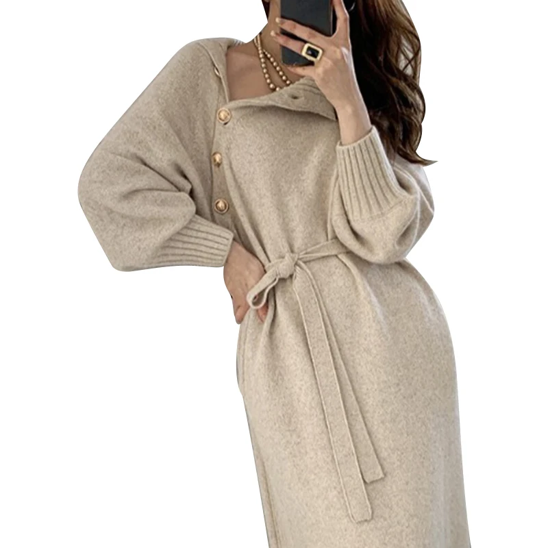 

Solid Knitted Sweater Dress Turtleneck Full Sleeve Elegant Midi Dress with Buttons One Size Winter Dresses for Women