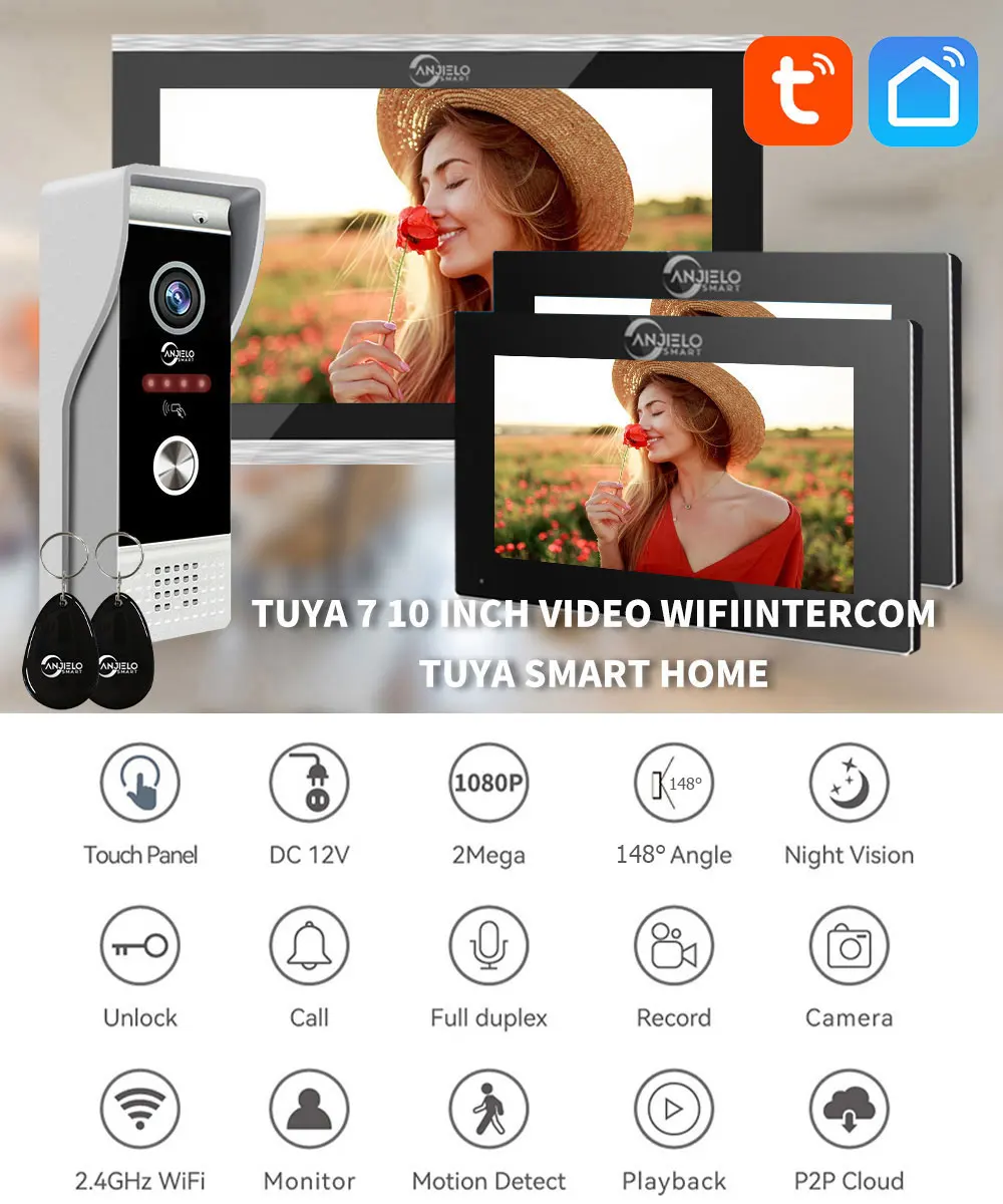 1080P 7 inch 10 Wifi Video Doorbell Intercom Tuya Smart Home Wireless Doorphone RFID Access Control System for Villa Apartment 2