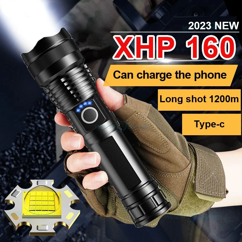 High Power LED Flashlight XHP160 Type-c Rechargeable Torch Super Bright Flashlights Outdoor Waterproof Powerful Tactical Lantern