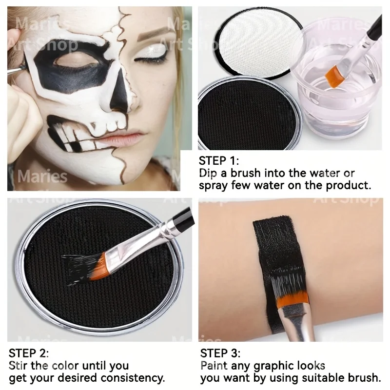 6-teiliges schwarz + weiß + rot wasserbasiertes Farbset 30 g mit 3 Pinseln für Theater, Halloween, Party, Cosplay, Clown, SFX, Make-up – Detail 6