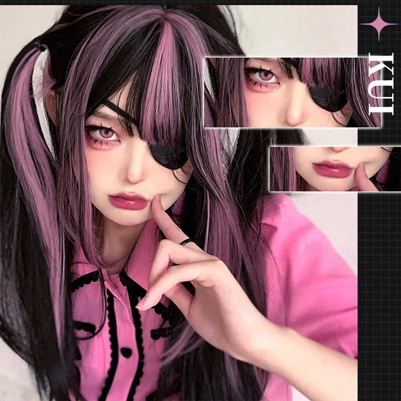 LUPU Women Wigs Cosplay Lolita Wig Natural Black Wig with Pink Highlights with Hair Bangs for Halloween Cosplay Party Wear
