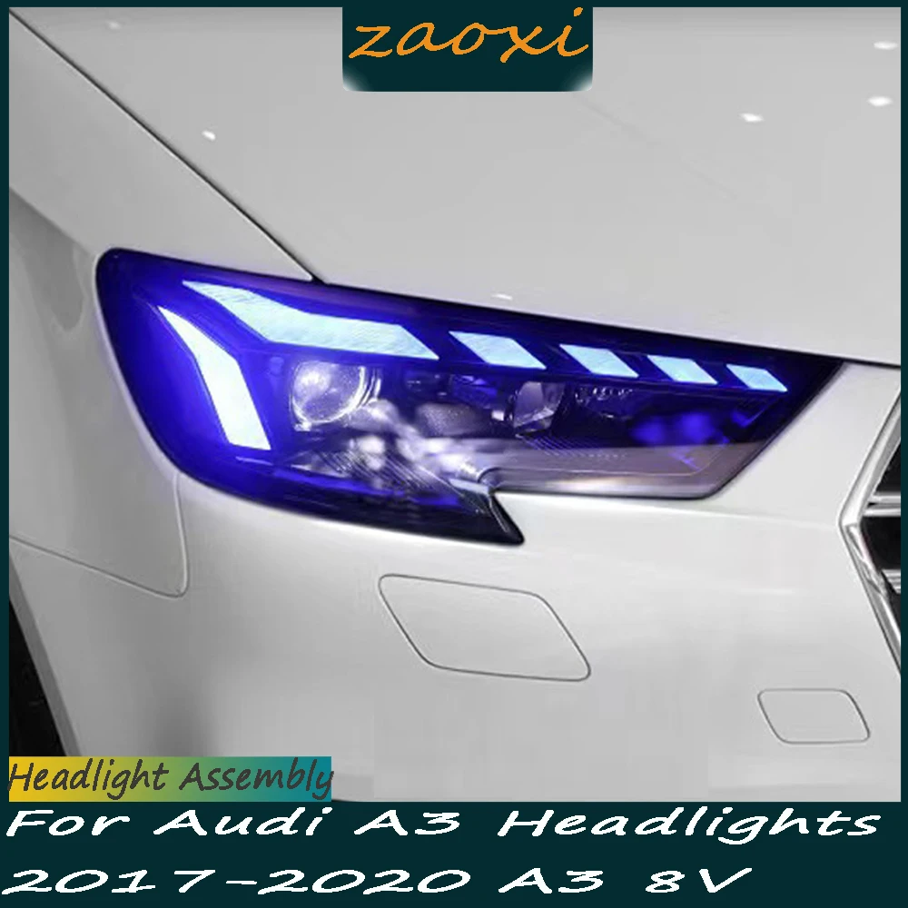 아우디 A3 S3 2017-2020 용 헤드라이트 어셈블리, 모든 LED 애니메이션 DRL 블루 스타트 무빙 턴 시그널 헤드 램프 렌즈, 자동차 액세서리