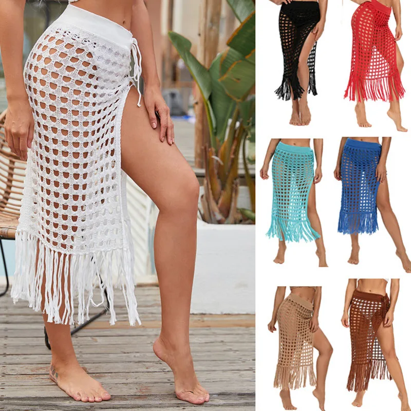 

Beach Style Sexy Perspective Knitted Skirt Women Hollow Out High Split Fringe White Y2k Skirt Ladies Party Female Outfit 22299