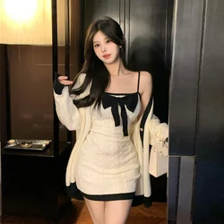 Women's Sweet Bow Design Knitted 2 Piece Set Dress, Long Sleeve Sweater, Korean Style, Sexy Club Party Dresses, Winter, New,2023