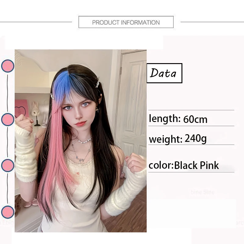 Synthetic Long Ombre Colorful Cosplay Lolita Harajuku Wig With Bangs Natural Wavy Halloween Pink Purple Blue Daily Wigs