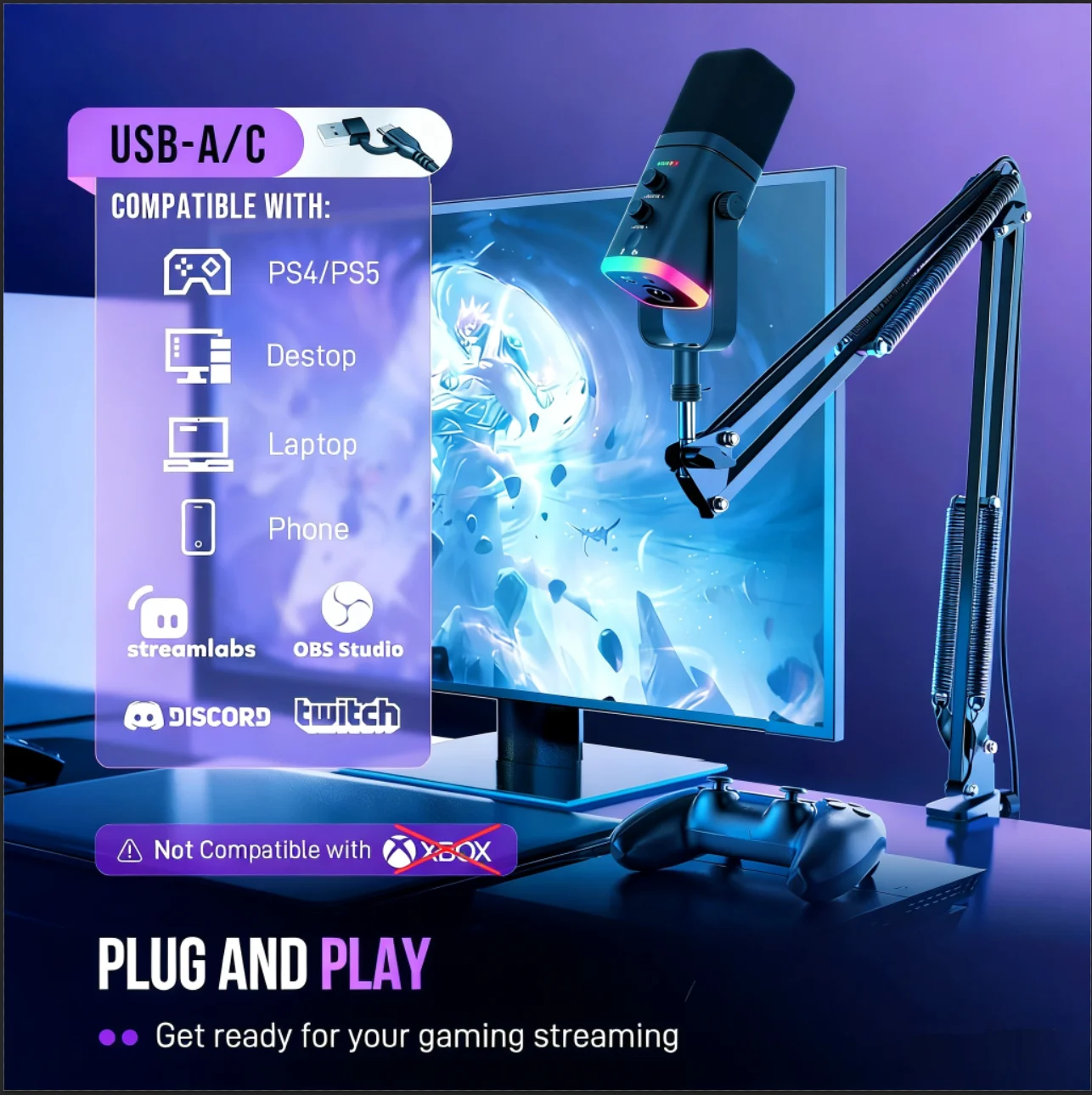 XLR/USB 다이나믹 마이크 키트, 무음 기능, 게인 노브, 볼륨 조절, 스트리밍, 게임, 녹음용 붐 암이 있는 RGB 팟캐스트 마이크