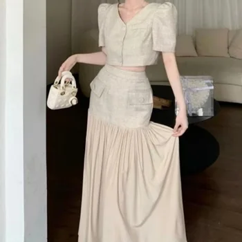 Elegante Completo in Stile Francese con Maniche Corte a Bolla, Gonna Mini a Coda di Pesce a Vita Alta e Colletto a Quattro Pieghe, Outfit Casual Due Pezzi per Donna