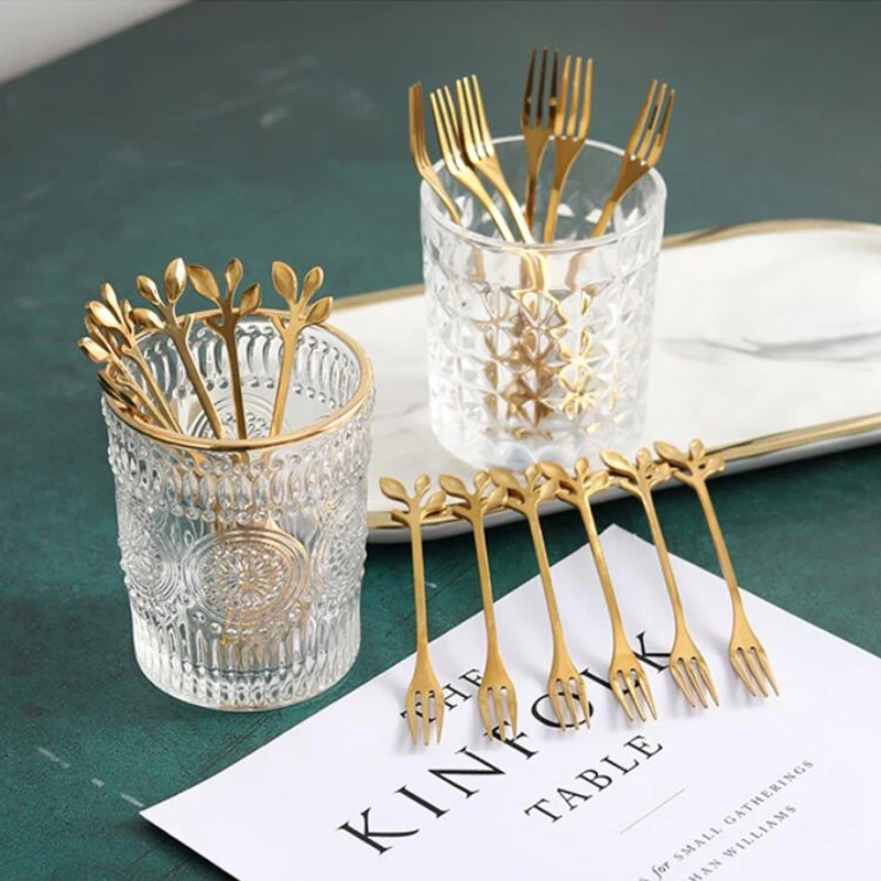 

20Pcs Stainless Steel Flatware Gold Fruit Fork Dinnerware Appetizer Snack Dessert Leaf Shape Kitchen Tableware s Set