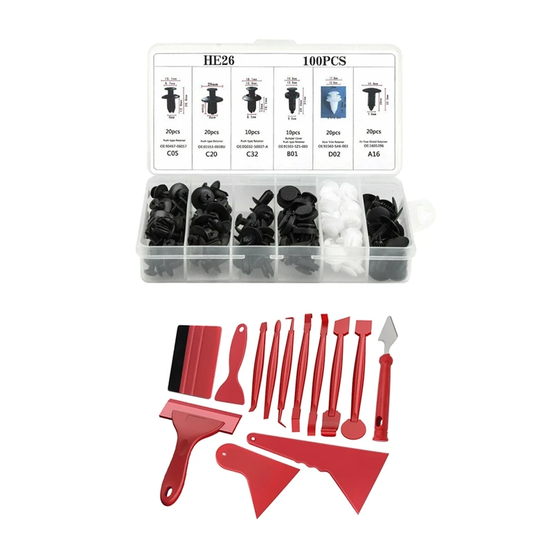 

100Pc Auto Car Fender Liner Fastener Bumper Interior Trim Retainer Push Clip Pin With 13Pc Auto Car Wrap Film Tools