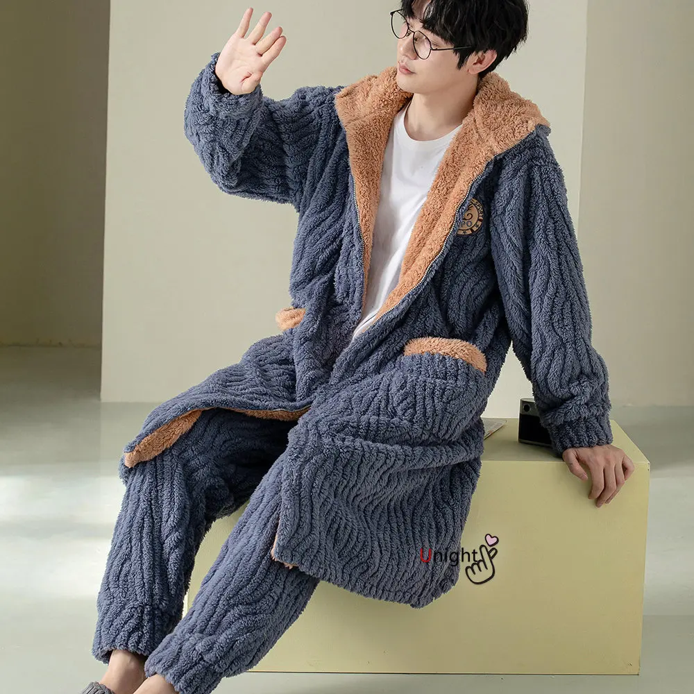 6XL Winter Men s Nightgown Long Robe Oversized Thick Warm Flannel Kimono Bathrobe Pajamas Set Coral