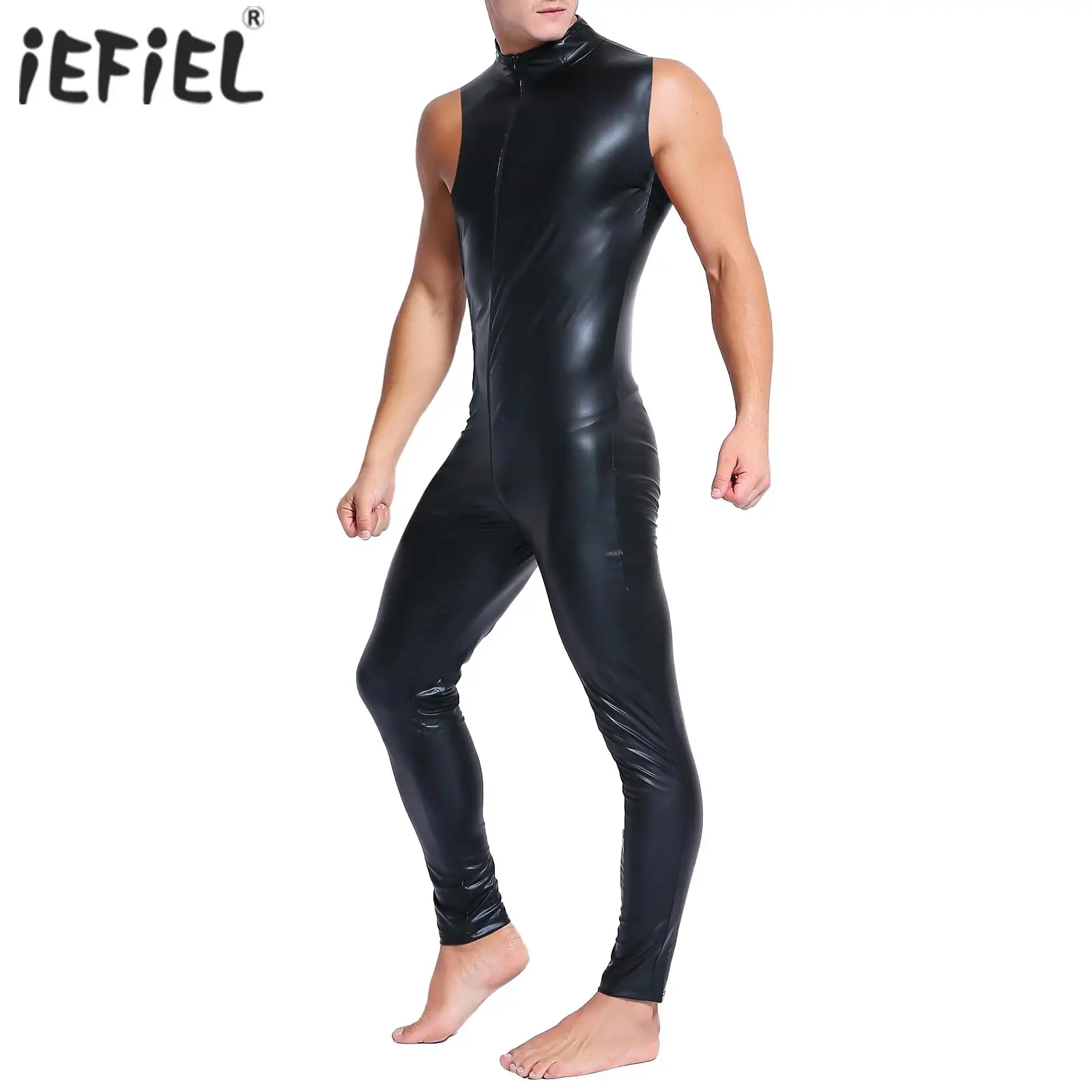 Black Mens Elastic Skin-tight Bodysuit Jumpsuit High Collar Sleeveless  Zipper Bodycon Costume Stretchy Rave Costume Clubwear - Teddies & Bodysuits  - AliExpress