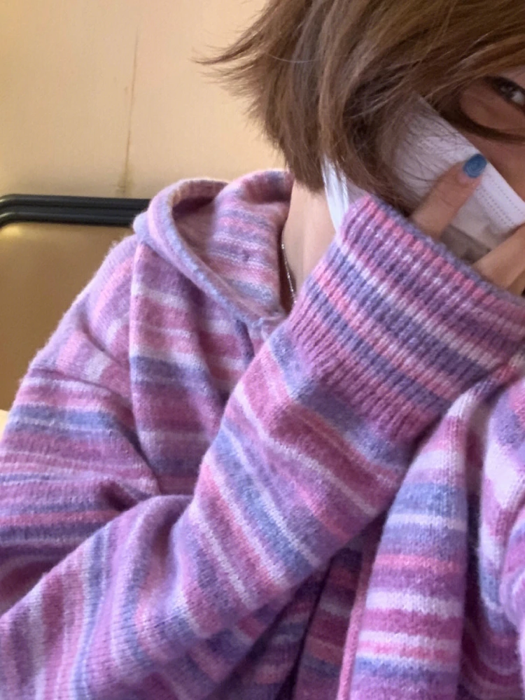 여성용 루즈 올 매치 가디건, 빈티지 지퍼 후드 탑, 니트 스트라이프 대비 일본 스웨터 코트, Y2k 미적, 2024