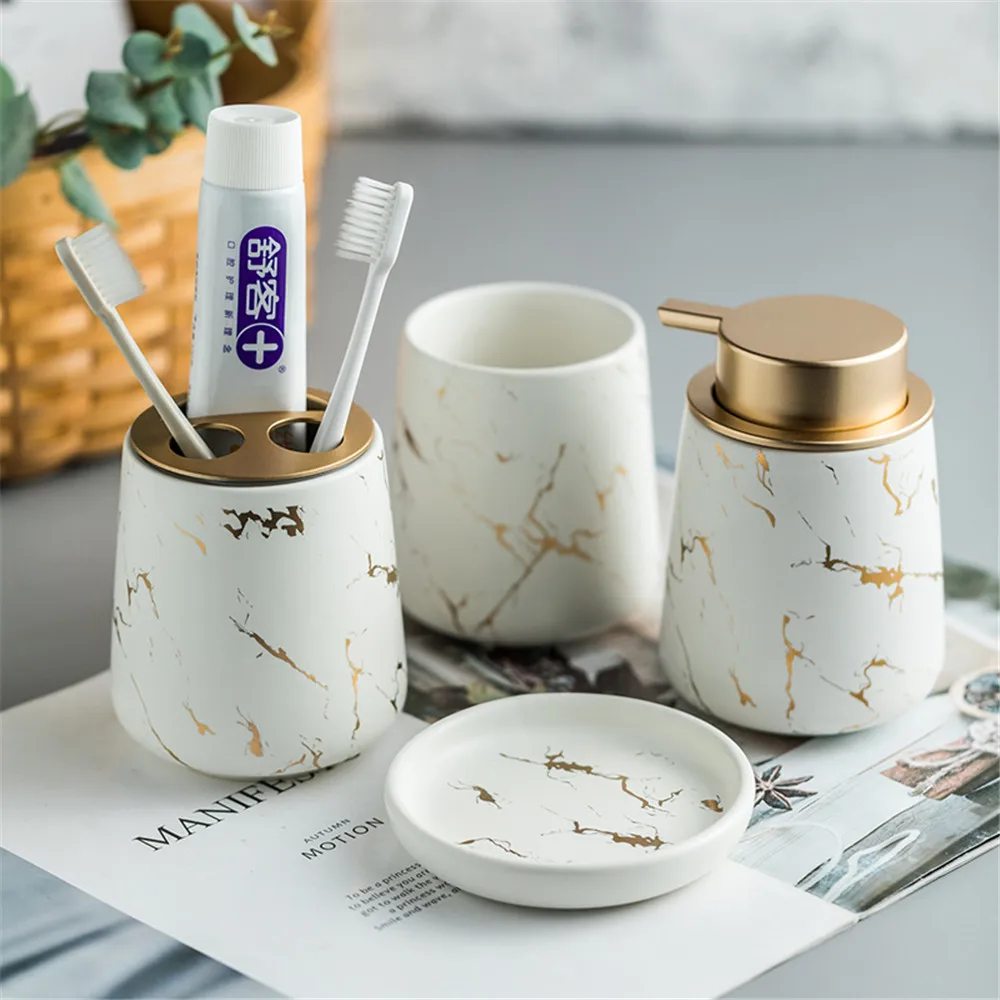 Nordic Marble Pattern Ceramic Soap Dispenser Mouthwash Cup Toothbrush Holder Soap Dish Bath Kit Bathroom Set Accessory Full soap dispenser toothpaste dispenser bathroom accessories set