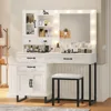 Makeup Vanity Desk with Mirror and Lights & Stool, Glass Top Vanity Table Set with Charging Station, 4 Stoarge Drawers & Double 1