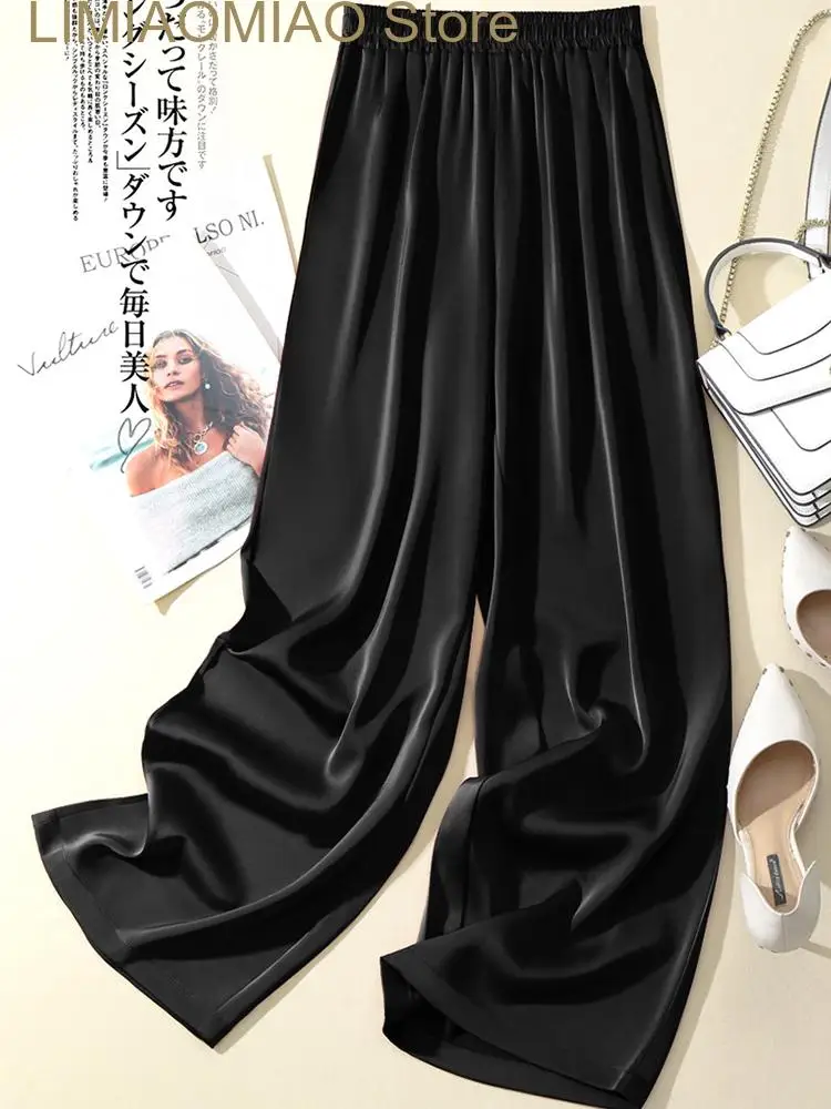 New Women Summer Wide Leg Pants Elastic Waist Straight Trousers Vintage Loose Oversize Long Lengrh Silky Palazzo Satin