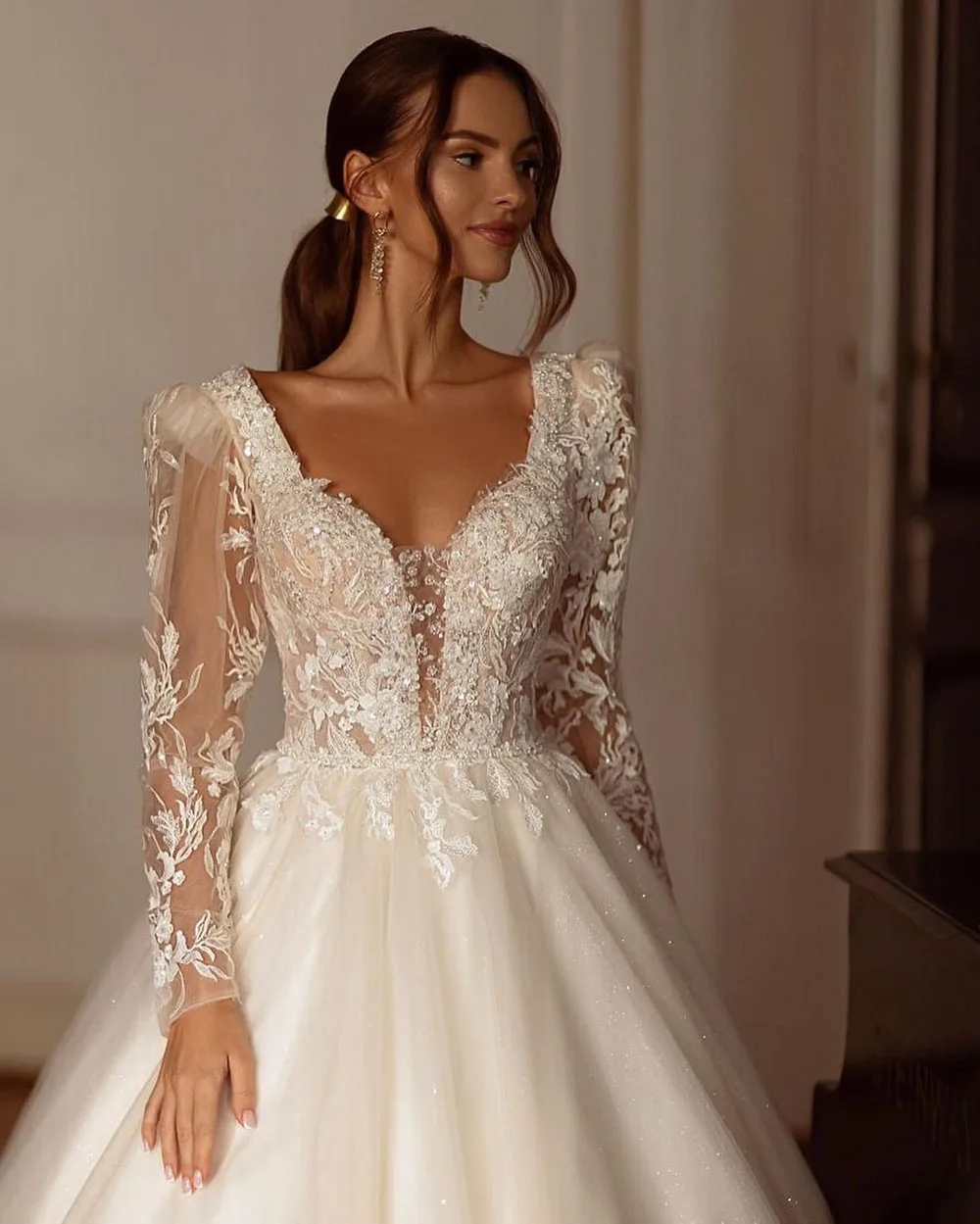 SoDigne 반짝이 샴페인 웨딩 드레스 긴 소매 아플리케 레이스 신부 드레스 Tulle 맞춤형 신부 가운 vestidos de novia