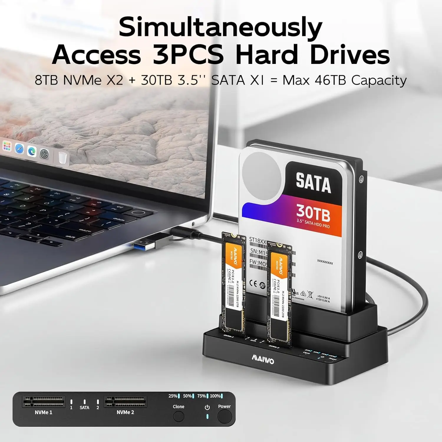 MAIWO 3베이 하드 드라이브 도킹 스테이션 10Gbps, M.2 NVMe SSD 인클로저, 2.5인치/3.5인치 HDD 케이스, PC/노트북용 오프라인 클론 기능 탑재